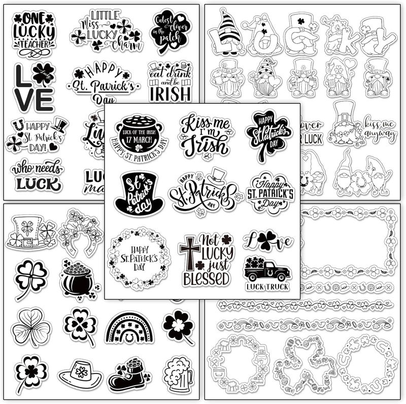 Whaline 5 Sheet St. Patrick's Day Clear Stamps Wreath Shamrock Lucky Words Silicone Transparent Stamps Border Stamp Cards for Irish DIY Crafts Card Making Scrapbooking Embossing Album Decor - Image 1